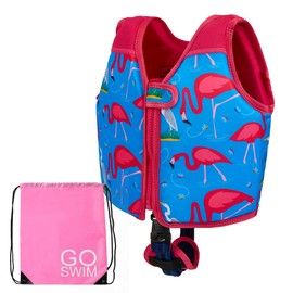 Go Swim Float Vest - *Includes Free Swim bag* Fixed Buoyancy Childrens Swim Jacket With Safety Strap. (Fab Flamingos, Large)