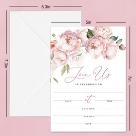 Whaline 25 Packs Floral Invitations with Envelopes and Stickers Pink Flower Invitation Cards Watercolor Rose Blank Party Invites for Wedding Birthday Bridal Shower, 5 x 7 Inch