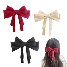 3 PCS Big Bow Hair Clips, Large Silky Satin Ribbon Bow Clips, Large Bowknot Hairpin French Hair Clips Red Hair Bows for Women Solid Color Hair Barrettes Accessories for Women Girls(Red+Black+White)