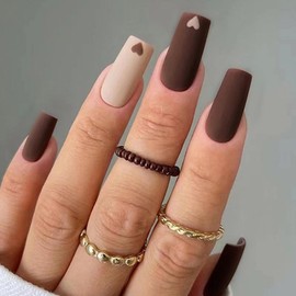 YAOBFFCAS Coffee Love Heart Press On Nails Long Squoval ABS Natural Fit Fake Nails with Jelly Glue Reusable Manicure Glue On Nails Woman and Girl False Nails UV Cover Gel Glossy Nails 24PCS