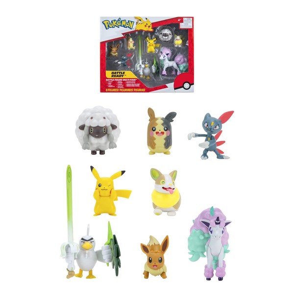 Bandai - Pokémon - 8 Battle Figures - Pikachu, Eevee (Eevee), Musheep (Wooloo), Farfuret (Sneasel), Voltoutou (Yamper), Palarticho (Sirfetch'd), Ponyta (Ponyta), Morpeko - PKW0185