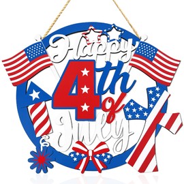 Zhynice 4th of July Independence Day Decorations Happy 4th of July Wooden Sign Patriotic Wreaths for Front Door Hanging Photo Booth Props for Veterans Day Patriotic Decorations