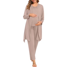 SWOMOG 3pcs Maternity Nursing Robe Set Labor Delivery Double Layer Pajamas Set Postpartum Breastfeeding PJS, Ecru Medium Light Brown