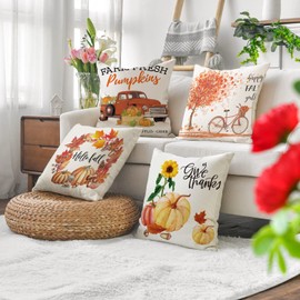 YUNNKEEY 4Pack Fall Pillow Covers 18x18 Fall Decor Pillow Covers Throw Pillow Case Autumn Pillow Cushion Covers Throw Pillow Cushion for Thanksgiving Home Couch Sofa Decorative (Style7, 18in)