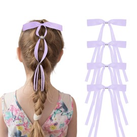 Women's Satin Hair Bows 4PCS - Long Ribbon Barrettes for Girls, Double Layer Silk Hair Clips Accessories (Purple)