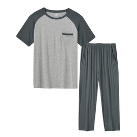 MoFiz Men's Pajamas Set Short Sleeve Tops Bottom Pants Modal Pajamas For Christmas Pijama Set Sleep Night Suit Set (B-Grey Blue Set M)