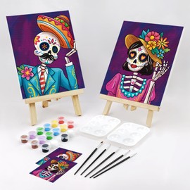 VOCHIC 2 Pack Sip and Paint Kit for Adults Pre Drawn Canvas to Paint Art Painting Party Set Couples Date Night Day of The Dead Dia de Los Muertos Suger Skull 8 x10 in