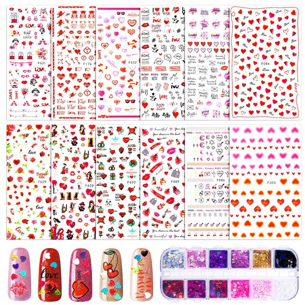 12 Sheets Valentine's Day Nail Art Stickers Decals and 12 Color Heart Nail Glitter Sequins Set, Love Heart Red Lips Design Nail Decals and Laser 3D Nail Art Flakes for DIY Manicure Nail Art Decoration