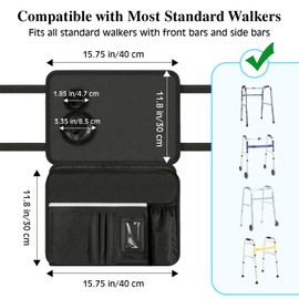 MoKo Walker Tray for Folding Walker, Tray with Two Water Cup Holders, Bag for Walkers for Seniors with Multiple Front Pockets and Zippered Back Pocket, Basket for Rolling Folding Walkers, Black