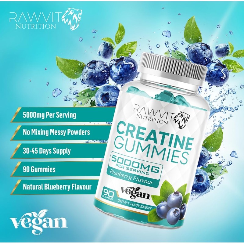 Creatine Monohydrate Gummies, Blueberry Flavour, 5000mg Strength, 90 Gummies, 30-45