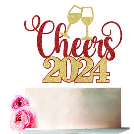 Bejotaa - Decoración para tartas de Año Nuevo 2024, decoración para fiestas de Año Nuevo, Navidad, felices fiestas (Cheers Gold and Red)