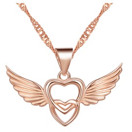 Yumilok Silver/Rose Gold 925 Sterling Silver Angel Wings Intertwined Hearts Pendant Necklace Chain with Pendant for Women Girls, Sterling Silver, No Gemstone