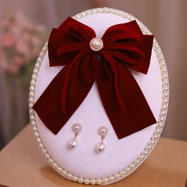 Velvet Bow Hair Clip Set, Red, with Pearl Embellishments (2pcs Earring Needle(1))