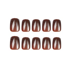 MISUD Fall Press on Nails Short Square Fake Nails Glossy Glue on Nails Bling Cat Eye Design Acrylic Nails Squoval Autumn Arificial Nails Brown Glitter Chrome Stick on False Nails 24 pcs