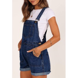 Pink Queen Women's Sleeveless Rompers Relaxed Fit High Rise Jean Overall Shorts Wide Strap One Piece Retro Bib Denim Shortall with Pockets Blue 2XL
