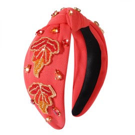 ARATLENCH Thanksgiving Headband Fall Maple Leaf Knotted Beaded Headband Hair Accessories Crystal Jeweled Turkey Wide Top Knot Hairband Thanksiving Holiday Outfit Gifts for Women