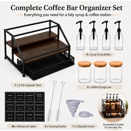 Coffee Bar Syrup Dispenser Set, 4 Pack 16.9oz/500ml Glass Syrup Dispensers with 1/4 oz Pumps & Stand, 2-Tier Coffee Bar Organizer Rack with 3 Storage Jars, 36 Labels, Brushes & Funnel