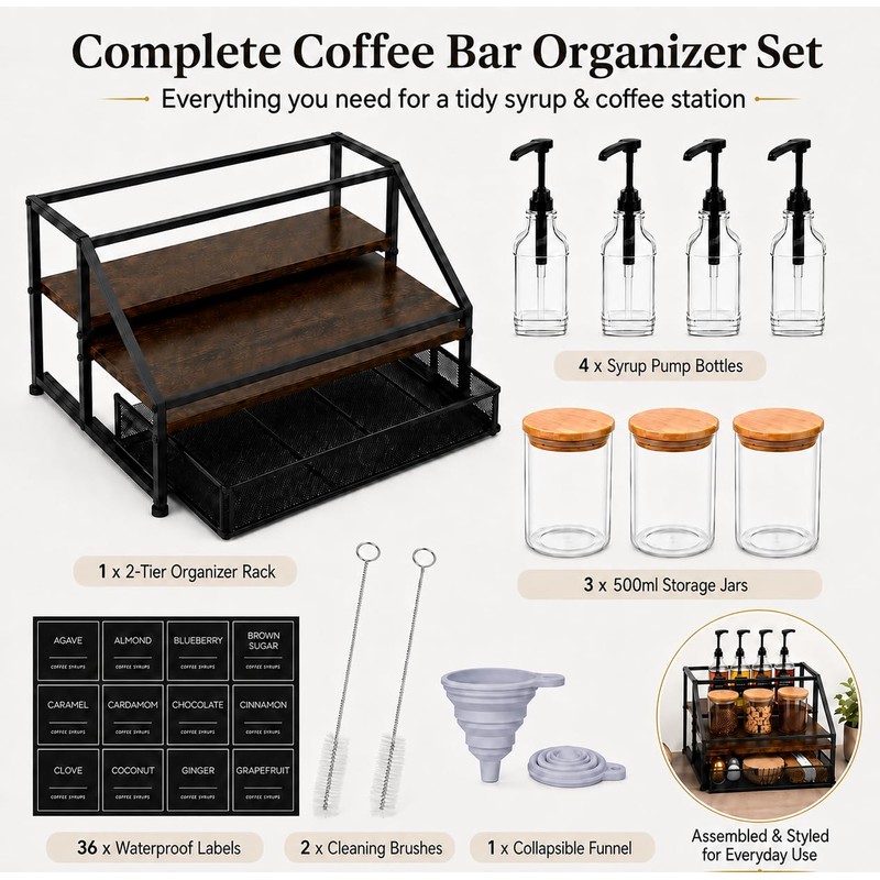 Coffee Bar Syrup Dispenser Set, 4 Pack 16.9oz/500ml Glass Syrup