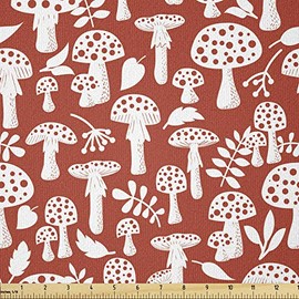 Ambesonne Mushroom Fabric by The Yard, Amanita Pattern Leaves Berries Poisonous Plants Cartoon Style, Stretch Knit Fabric for Clothing Sewing and Arts Crafts, 1 Yard, Sienna White