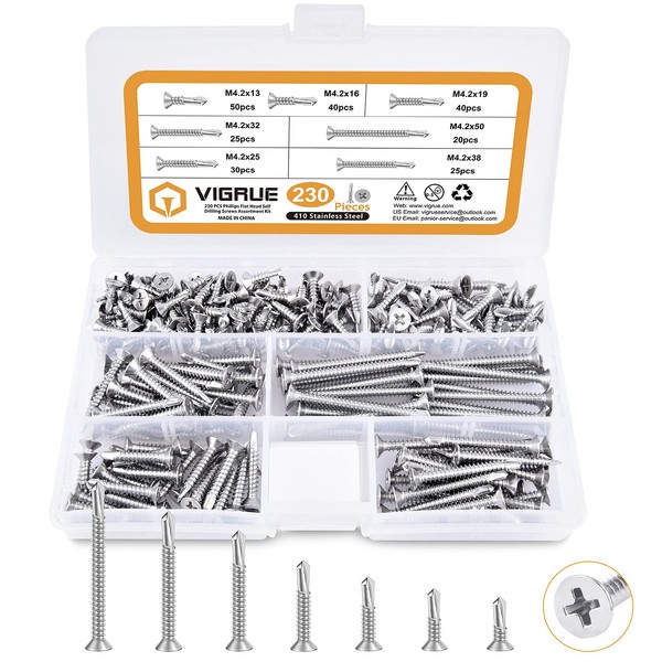 VIGRUE Pack of 230 Self-Tapping Screws, M4.2 Tapping Screws Self-Tapping