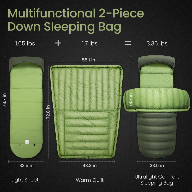 ATEPA 3-in-1 650FP Down Sleeping Bags, Spacious Eco-Friendly Waterproof Camping