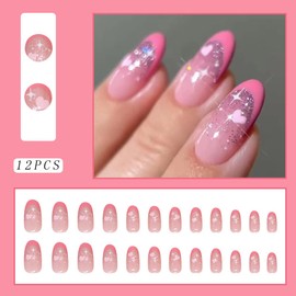 Heart Star Pink Almond Full Cover Glossy Spring Summer Wear False Nails, 24Pcs Acrylic French Tip Artificial Nail Art Accessories