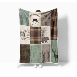 Cabin Retro Rustic Lodge Flannel Throw Blankets, Bear Deer Country Hunting Wild Animal Cozy Warm Bed Couch Blanket, White Fleece Flannel Throws to Decorate The Room and Bedroom Camping Travel