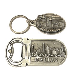Dallas Skyline Pewter Design Dallas Texas Souvenir Bottle Opener Magnet and Keychain Set of 2