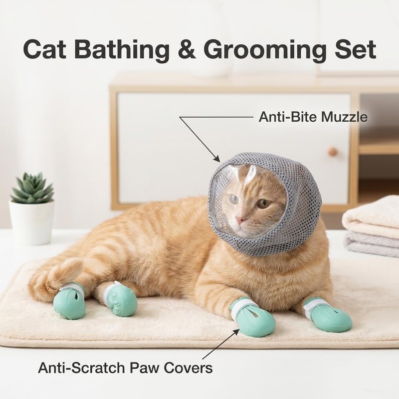 Ryetvok Adjustable Breathable Cat Muzzle& 4Pcs Anti Scratch Cat Paw