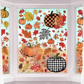 8 Sheet Fall Window Clings Decorations for Glass Windows, Thanksgiving Clings Pumpkins Window Stickers Autumn Maple Leaves Pine Cones Window Decals