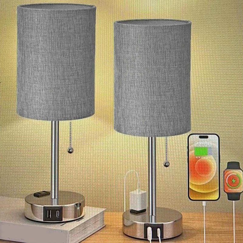 LED Table Lamp Fabric Lampshade USB A and USB C