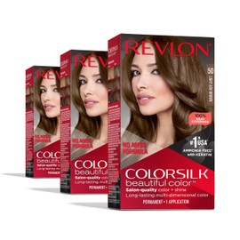 REVLON Revlon ColorSilk Permanent Hair Color, 100% Gray Coverage Dye Kit, Ammonia-Free, Keratin and Amino Acids, Brown Shades, 50 Light Ash Brown (Pack of 3)
