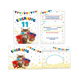 12 Invitation Cards with 12 Envelopes for 11th Children's Birthday Cinema Girls Boys Cinema Party Cat Cool Invitations Eleventh Birthday Girl Birthday Boy Birthday