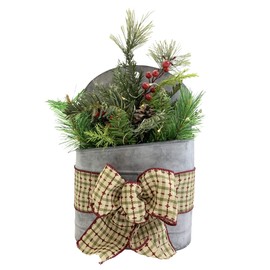 Lighted Christmas Wall Tin Pocket Galvanized Planter Bucket Pail Metal Farmhouse Rustic Evergreen Pinecone Arrangement LED Timer Lights Xmas Decor Hanging Decoration Holiday Wreath Style Bow Red Green