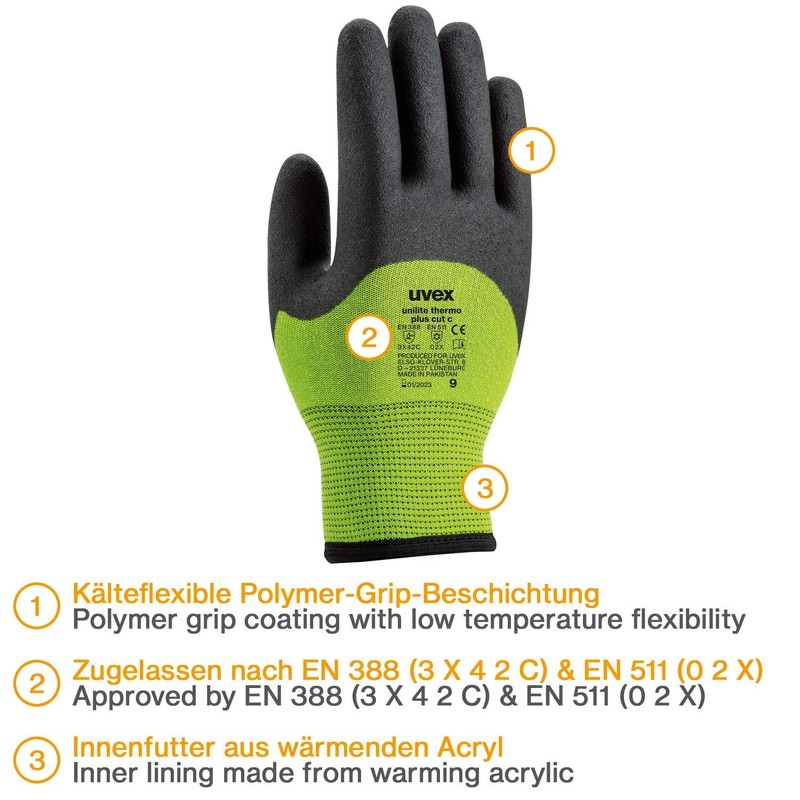 Uvex Unilite Gloves thermo plus cut c Unisex 11,Black/Green