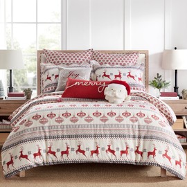 Levtex Home - Silent Night Comforter Set - King Comforter + Two King Pillow Cases - Fair Isle Deer - Red, Grey, Cream - Comforter (106 x 94in.) and Pillow Case (36 x 20in.) - Cotton