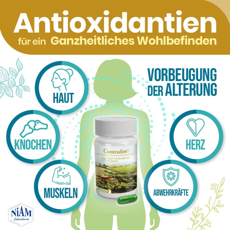 Antioxidants with extracts: pomegranate, grape, olive, garlic, vitamins C, D,