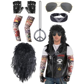 8 Pcs Rock Star Fancy Dress, 70s 80s Rock Wig Set Rockstar Costumes Accessories for Men Women with Gloves Sunglasses Temporary Tattoo Sleeves Necklace Bandana for World Book Day Disco Carnival Party