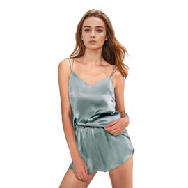 FEELITS 100% Mulberry Silk Pajamas Set for Women - 19 Momme Silk V-Neck Cami & Shorts, Luxury Sleepwear