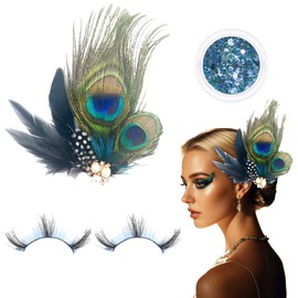 Peacock Headpiece and Artificial Eyelashes Set - Magnificent Peacock Costume Women's Accessories, Ideal Addition to Any Peacock Theme Outfit - Eye-catching Fascinator and False Eyelashes