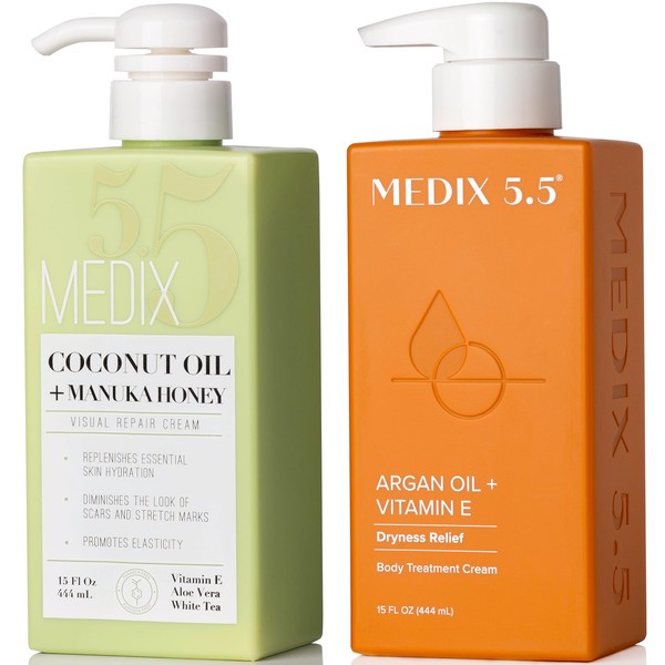 Medix 5.5 Argan Oil + Coconut Oil Skin Care Set Moisturizer Cream Body & Face Lotion | Firming Body Lotion Set Reduces Look Of Wrinkles, Cellulite, Dry Skin, & Uneven Skin Tone For Women, 2PC Bundle