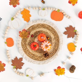 SUNBEAUTY Autumn Hanging Decorations Felt Pumpkin Maple Leaf Banner WIth Wood Beads Autumn Wooden Garland Orange Cream Thanksgiving Decoration For Fall Harvest Party Fireplace Home Wall Decor,5.9Ft