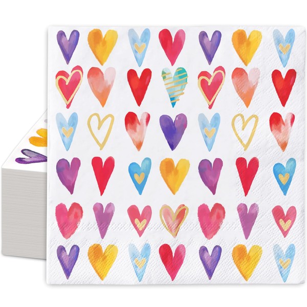 AnyDesign 100Pcs Valentine's Day Paper Napkins Colorful Hearts Disposable Luncheon