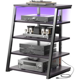 Armocity 5-Tier AV Media Stand with Power Strips, Media Console with LED Lights, Audio Tower Rack with Adjustable Shelves, Stereo Stands and Racks, 40.8'', Black Ebony