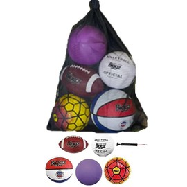 Biggz Bag of Sport Balls – Basketball, Soccer Ball, Football, Volleyball, Purple Playground Ball, and Pump