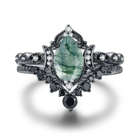 IRROYA Black Gold Plated Natural Moss Agate Bridal Wedding Ring Sets for Women, 925 Sterling Silver Gothic Vintage Promise Rings and Eternity Black Spinel Band for Her - Boho Art Deco Platinum Plated