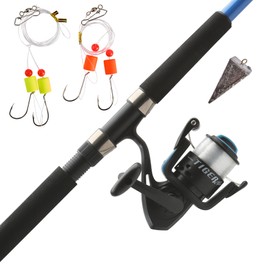 Shakespeare Tiger Surf Spinning Reel and Fishing Rod Combo with Bottom Float Rig, 9' 2-Piece Fishing Rod, Tubular Fiberglass Rod Blank Construction, Comfortable and Durable EVA Handle
