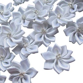 Chenkou Craft 40pcs 28mm(1 1/8") Satin Ribbon Flowers Bows Rhinestone Appliques (White)