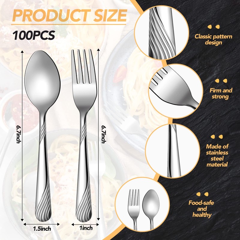 200 Pcs Dinner Forks and Spoons Silverware Set Heavy Duty