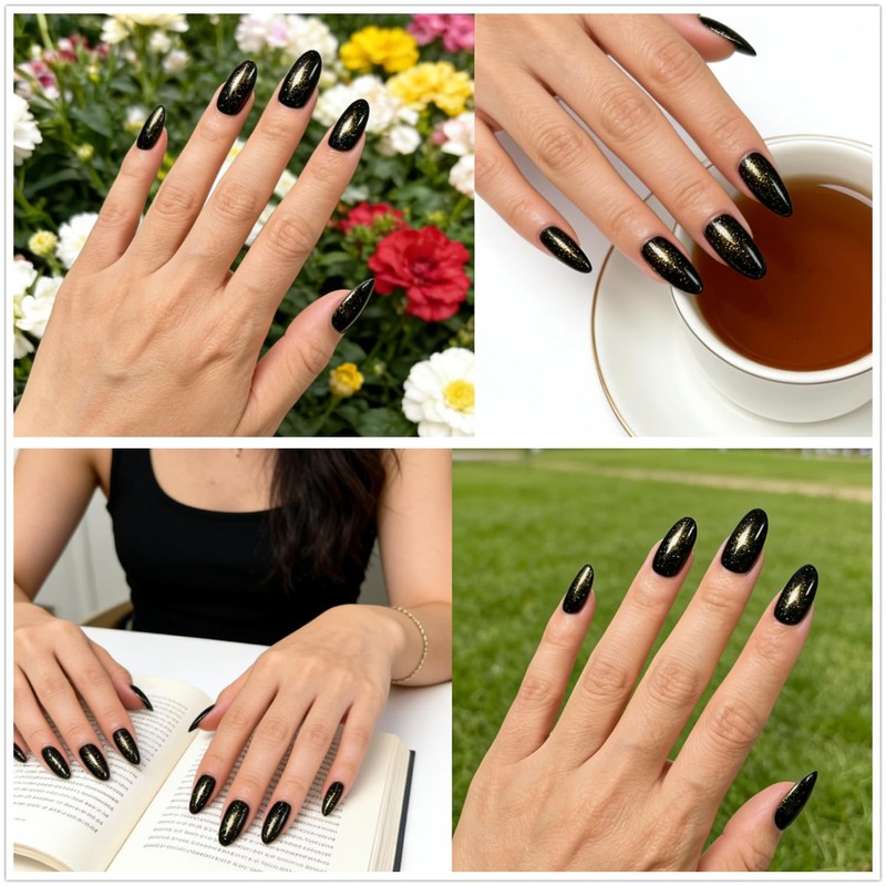Black Gold Glitter Nail Polish, Quick Dry Shimmer Nail Lacquer